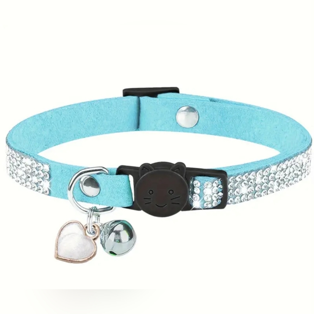 VELVET RHINESTONE 🩵 Teal Blue Collar w Heart Pendant & Bell, Breakaway Safe NEW